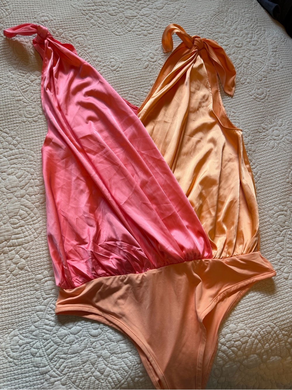 Pink Lily Two-Tone Halter Bodysuit in Pink & Peach